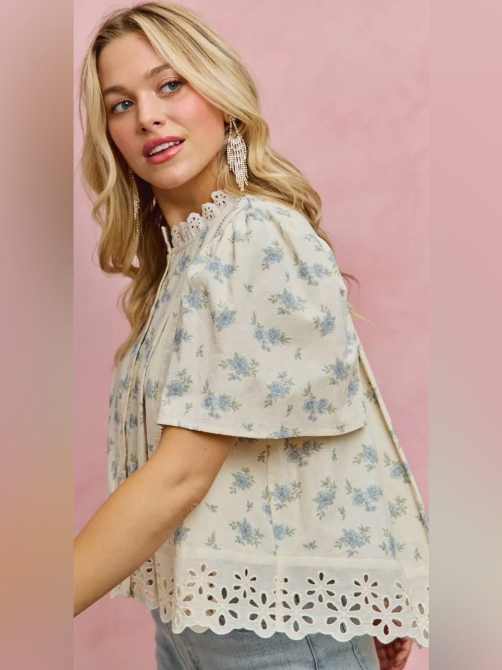 So Me Floral Print Lace Trim Blouse Top in Blue - Picture 6 of 7